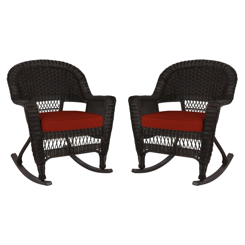 Jeco Wicker Rocker Chair in Black with Red Cushion (Set of 2)
