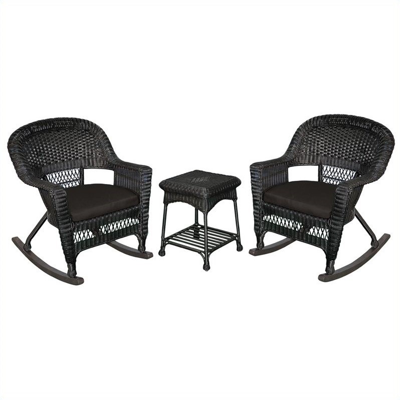 Jeco 3pc Resin Wicker Outdoor Patio Rocker Chair Set in Black with Black Cushion