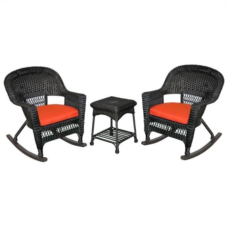 Jeco 3pc Wicker Rocker Chair Set in Black with Red Cushion