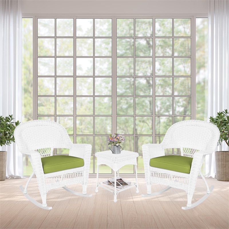Jeco 3pc Wicker Rocker Chair Set in Black with Green Cushion