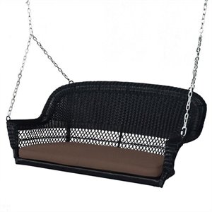 Jeco Wicker Porch Swing in Black with Brown Cushion