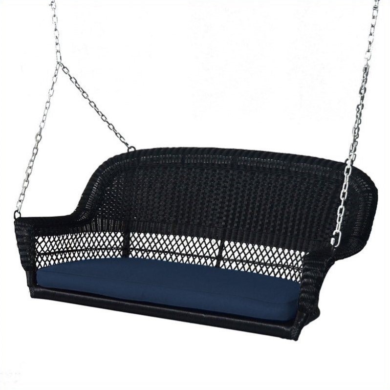 Jeco Wicker Porch Swing in Black with Blue Cushion