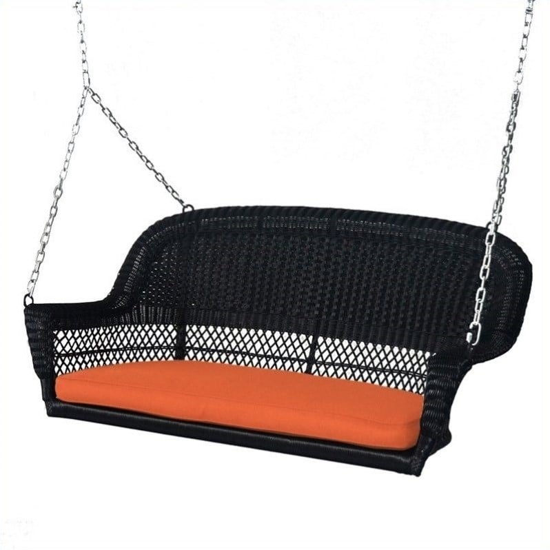 Jeco Wicker Porch Swing in Black with Orange Cushion