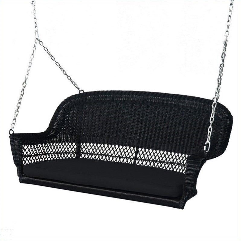 Jeco Wicker Porch Swing in Black with Black Cushion