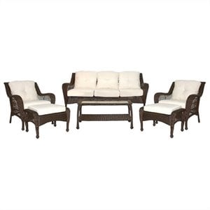 Jeco 6 Piece Resin Wicker Outdoor Patio Seating Set in Espresso/Tan Cushions