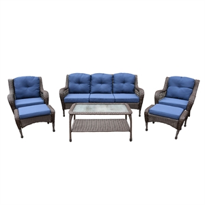 Jeco 6 Piece Resin Wicker Outdoor Patio Seating Set in Espresso/Blue Cushions