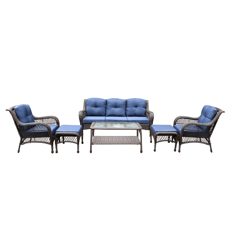 Jeco 6 Piece Resin Wicker Outdoor Patio Seating Set in Espresso/Blue Cushions