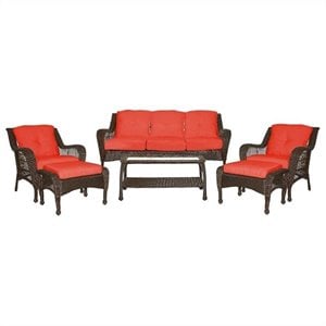 Jeco 6pc Wicker Seating Set in Espresso with Red Cushions