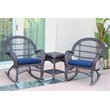 Jeco 3 Piece Wicker Conversation Set in Espresso with Blue Cushions