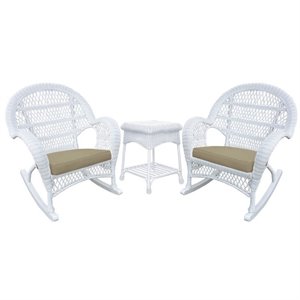 Jeco 3 Piece Wicker Conversation Set in White with Tan Cushions
