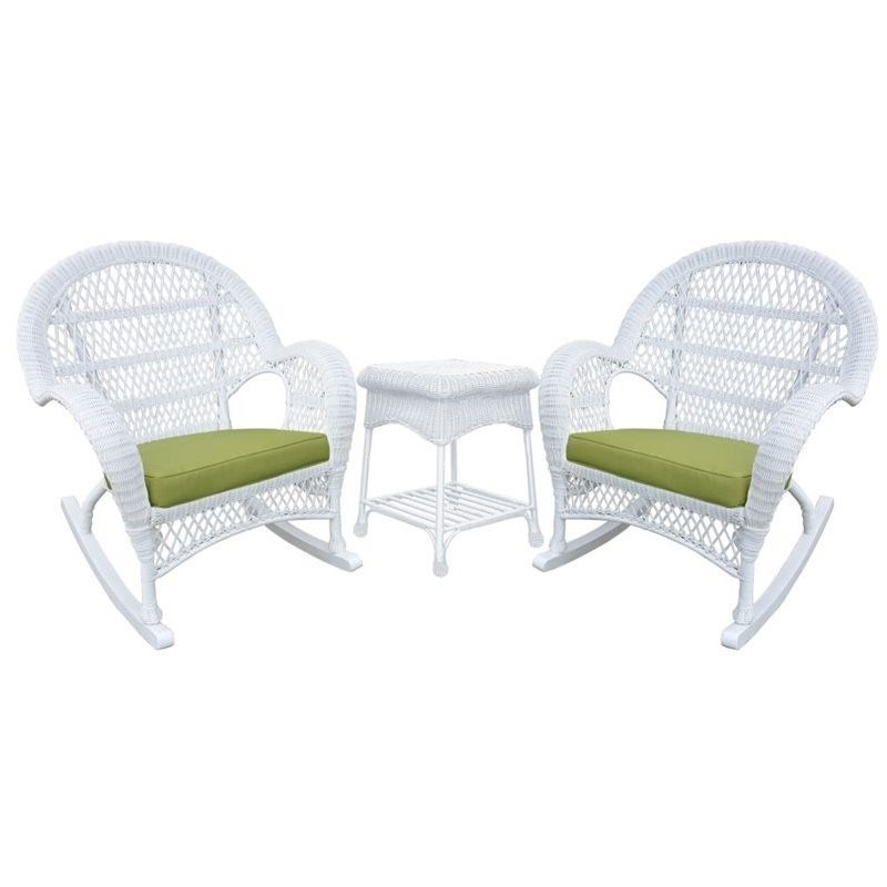 Jeco 3 Piece Wicker Conversation Set in White with Green Cushions
