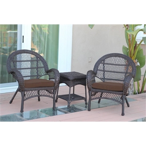 Jeco 3 Piece Resin Wicker Patio Conversation Set in Espresso with Brown Cushion