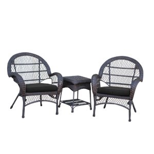 Jeco 3 Piece Wicker Conversation Set in Espresso with Black Cushions