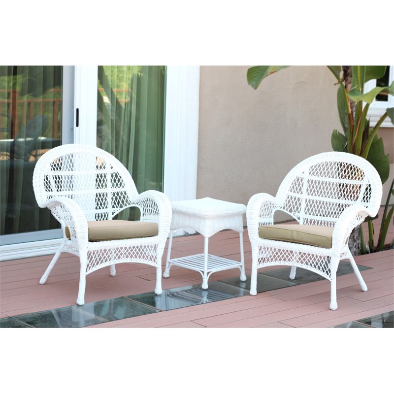Jeco 3 Piece Wicker Conversation Set in White with Tan Cushions