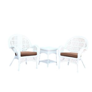 Jeco 3 Piece Wicker Conversation Set in White with Brown Cushions
