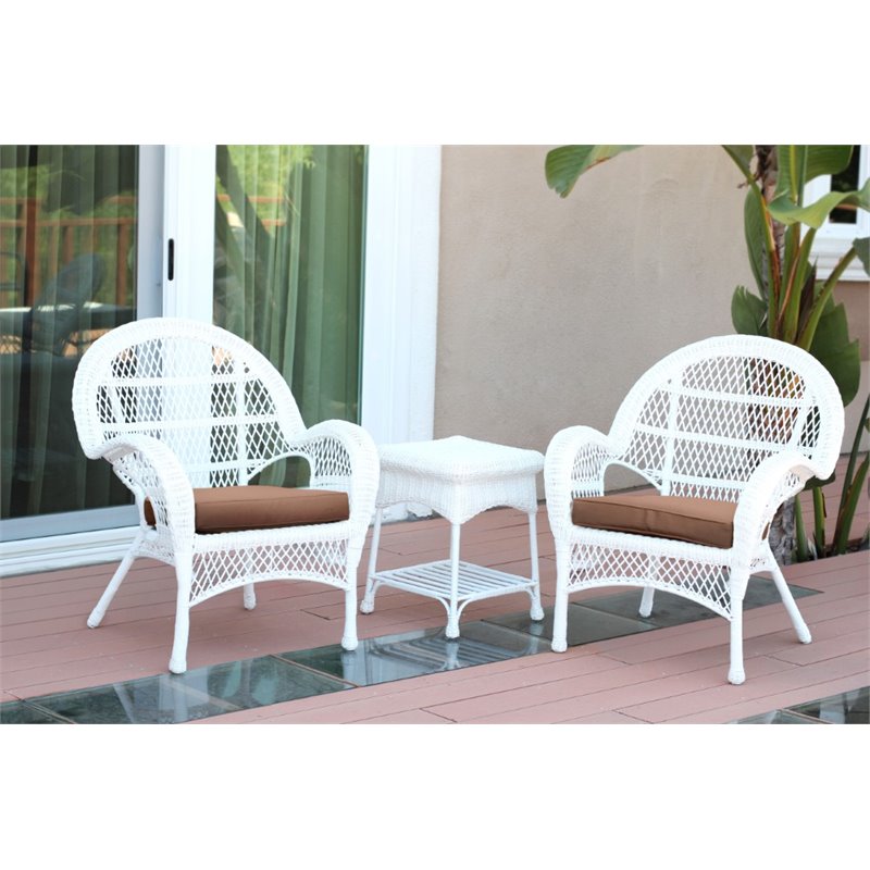 Jeco 3 Piece Wicker Conversation Set in White with Brown Cushions