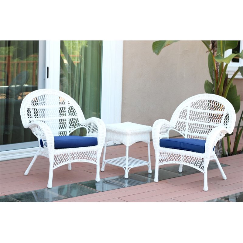 Jeco 3 Piece Wicker Conversation Set in White with Blue Cushions
