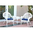 Jeco 3 Piece Wicker Conversation Set in White with Blue Cushions