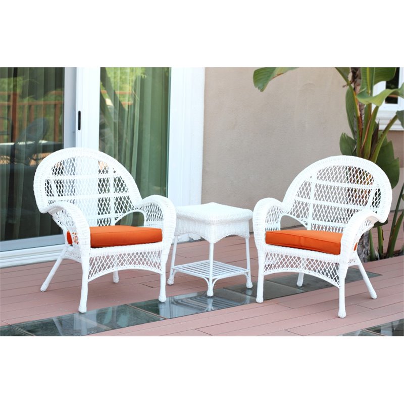 Jeco 3 Piece Wicker Conversation Set in White with Orange Cushions