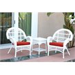 Jeco 3 Piece Wicker Conversation Set in White with Red Cushions