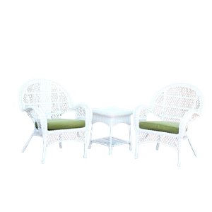 Jeco 3 Piece Wicker Conversation Set in White with Green Cushions