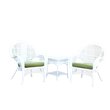 Jeco 3 Piece Wicker Conversation Set in White with Green Cushions