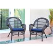 Jeco Wicker Chair in Espresso with Blue Cushion (Set of 2)