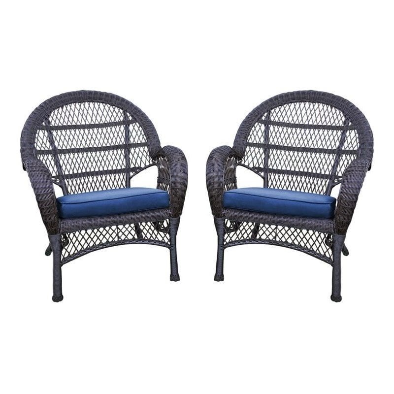 Jeco Wicker Chair in Espresso with Blue Cushion (Set of 2)