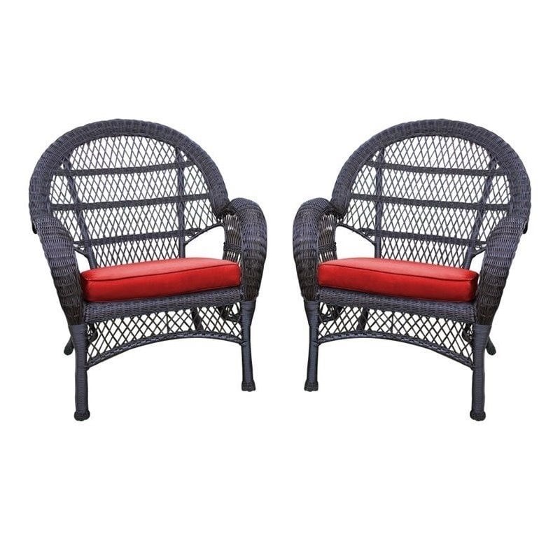 Jeco Wicker Chair in Espresso with Red Cushion (Set of 2)