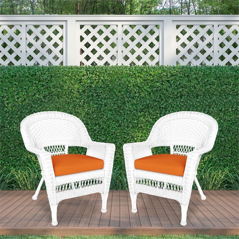 Jeco Wicker Chair in White with Orange Cushion (Set of 2)