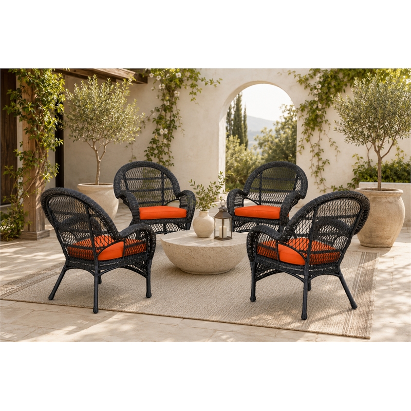 Santa Maria Espresso Resin Wicker Chair with Orange Cushion - Set of 4
