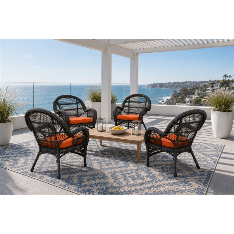 Santa Maria Espresso Resin Wicker Chair with Orange Cushion - Set of 4