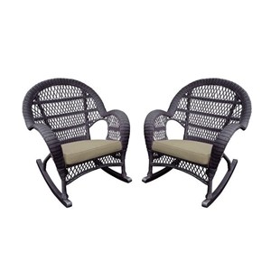 Jeco Wicker Rocker Chair in Espresso with Tan Cushion (Set of 2)