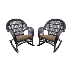 Jeco Wicker Rocker Chair in Espresso with Brown Cushion (Set of 2)