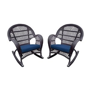 Jeco Wicker Rocker Chair in Espresso with Blue Cushion (Set of 2)