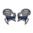 Jeco Wicker Rocker Chair in Espresso with Blue Cushion (Set of 2)
