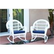 Jeco Wicker Rocker Chair in White with Blue Cushion (Set of 2)