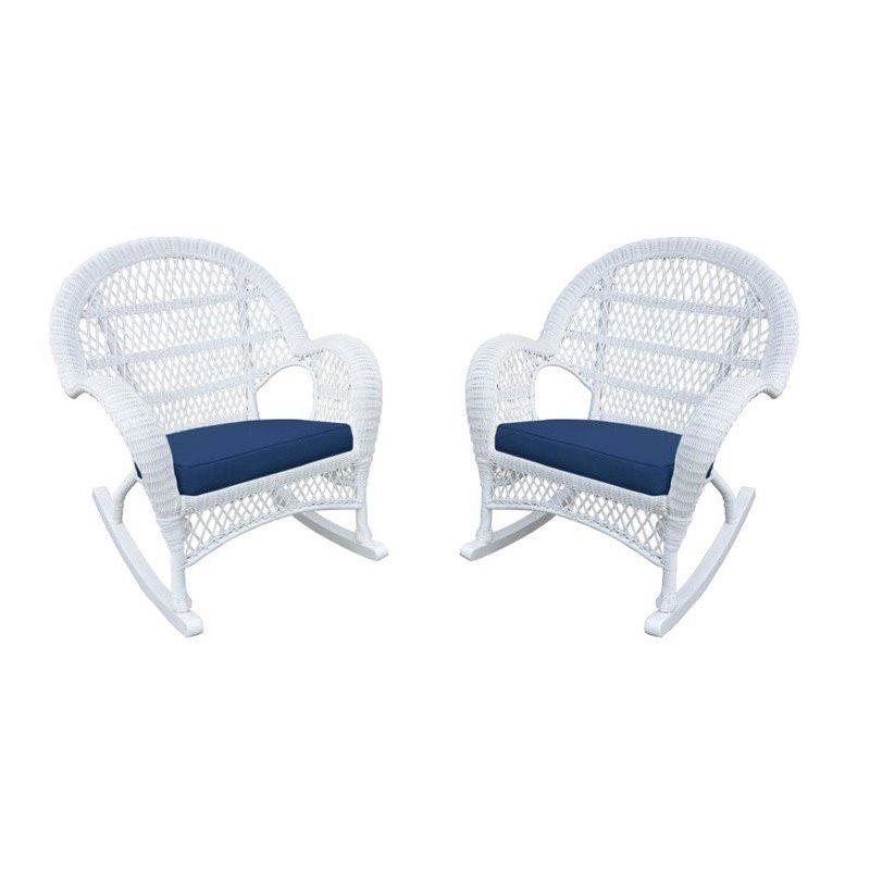 Jeco Wicker Rocker Chair in White with Blue Cushion (Set of 2)