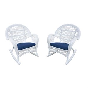 Jeco Wicker Rocker Chair in White with Blue Cushion (Set of 2)