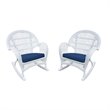 Jeco Wicker Rocker Chair in White with Blue Cushion (Set of 2)