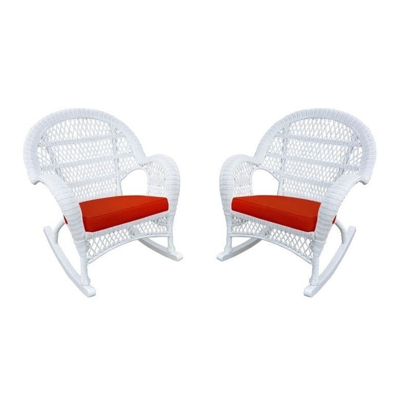 Jeco Wicker Rocker Chair in White with Red Cushion (Set of 2)