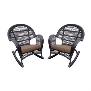 Jeco Resin Wicker Patio Rocker Chair in Espresso with Brown Cushion (Set of 4)