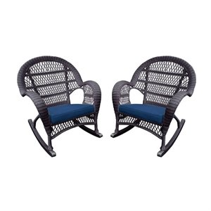Jeco Resin Wicker Patio Rocker Chair in Espresso with Blue Cushion (Set of 4)