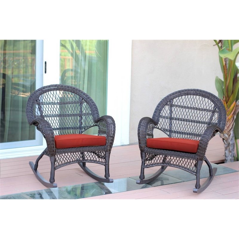 Jeco Resin Wicker Patio Rocker Chair in Espresso w/Brick Red Cushion (Set of 4)