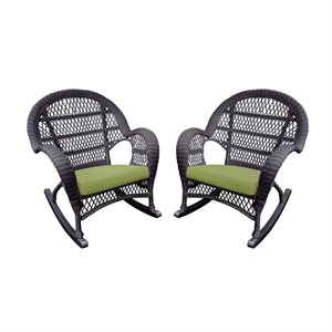Jeco Resin Wicker Patio Rocker Chair in Espresso w/Sage Green Cushion (Set of 4)
