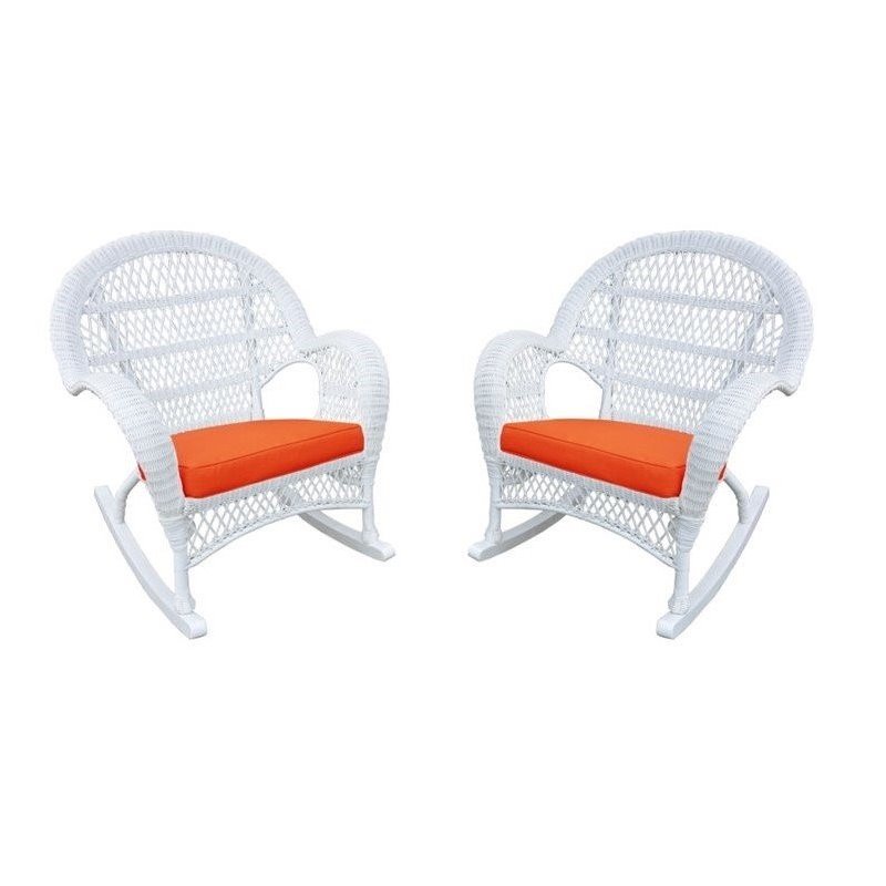 Jeco Wicker Rocker Chair in White with Orange Cushion (Set of 4)