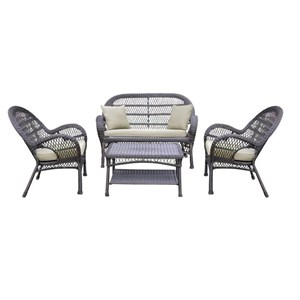 Jeco 4 Piece Wicker Conversation Set in Espresso with Tan Cushions