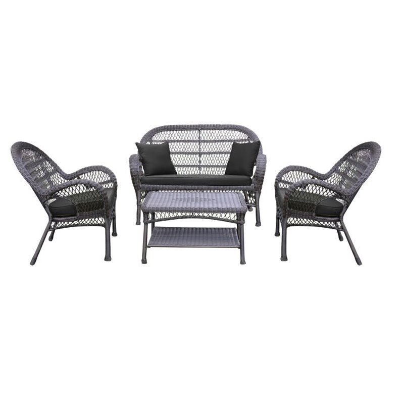Jeco 4 Piece Wicker Conversation Set in Espresso with Black Cushions