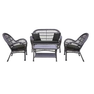 Jeco 4 Piece Wicker Conversation Set in Espresso with Black Cushions