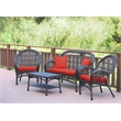 Jeco 4 Piece Wicker Conversation Set in Espresso with Red Cushions